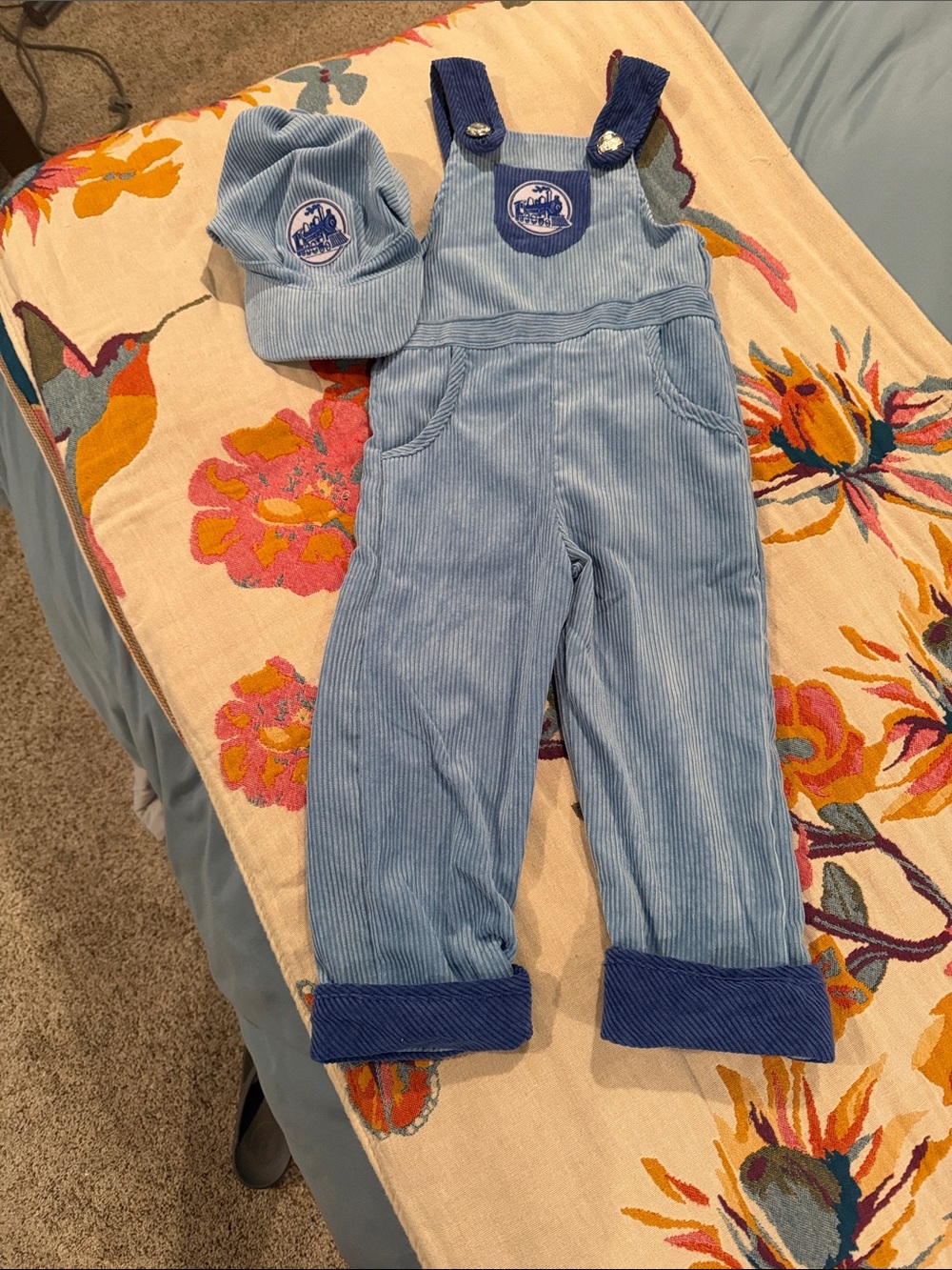 Light Blue Train Conductor Corduroy Overalls with Matching Hat - Kids Bottoms
